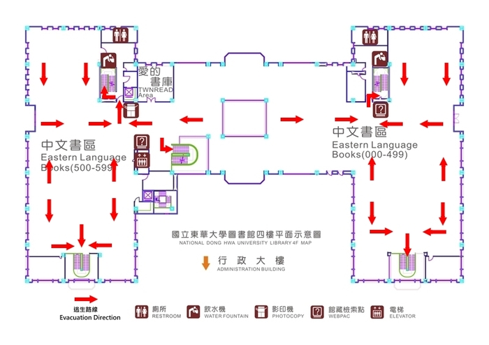 【Library】 4th  Floor Plan and Evacuation Route
